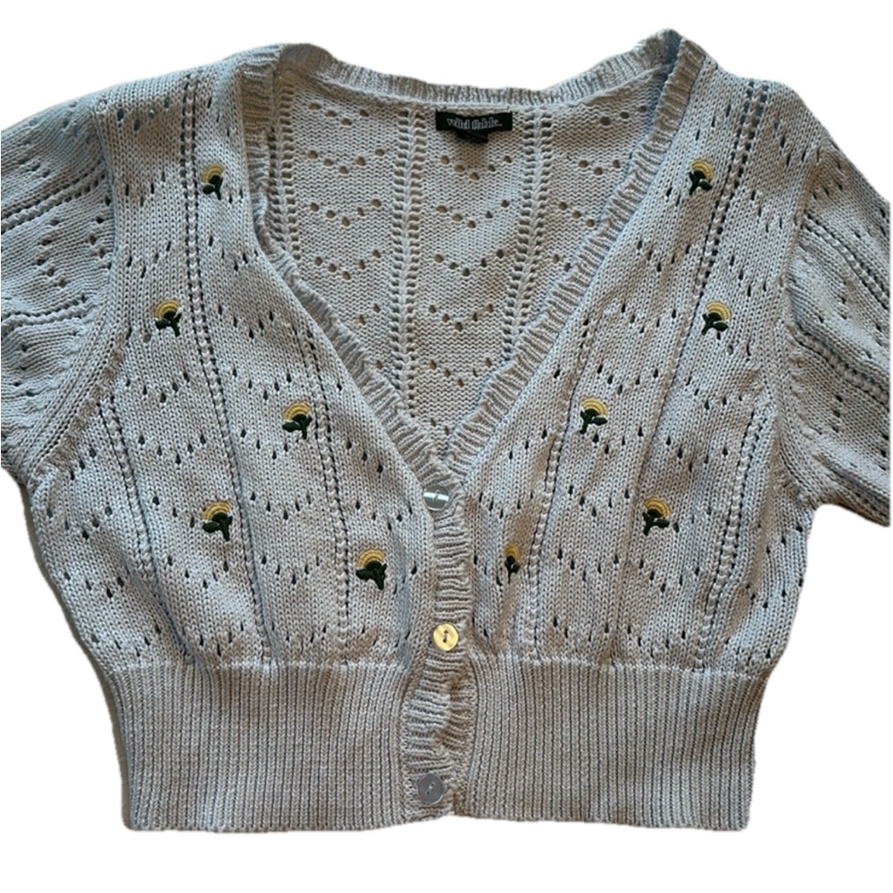 Wild fable cropped light blue dainty knit floral embroidered cardigan - Picture 1 of 13
